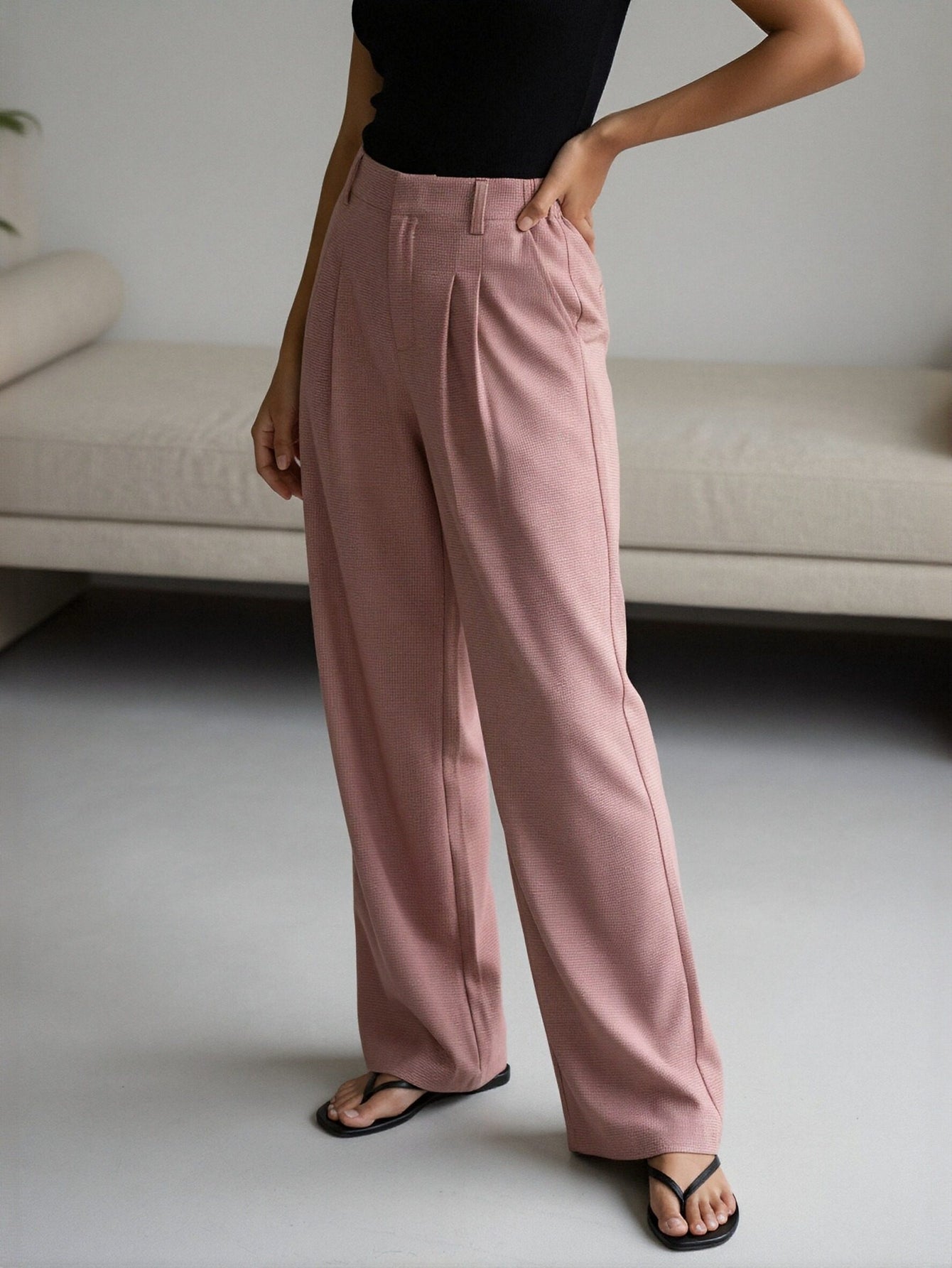High-Waisted Wide-Leg Casual Pants-Pink
