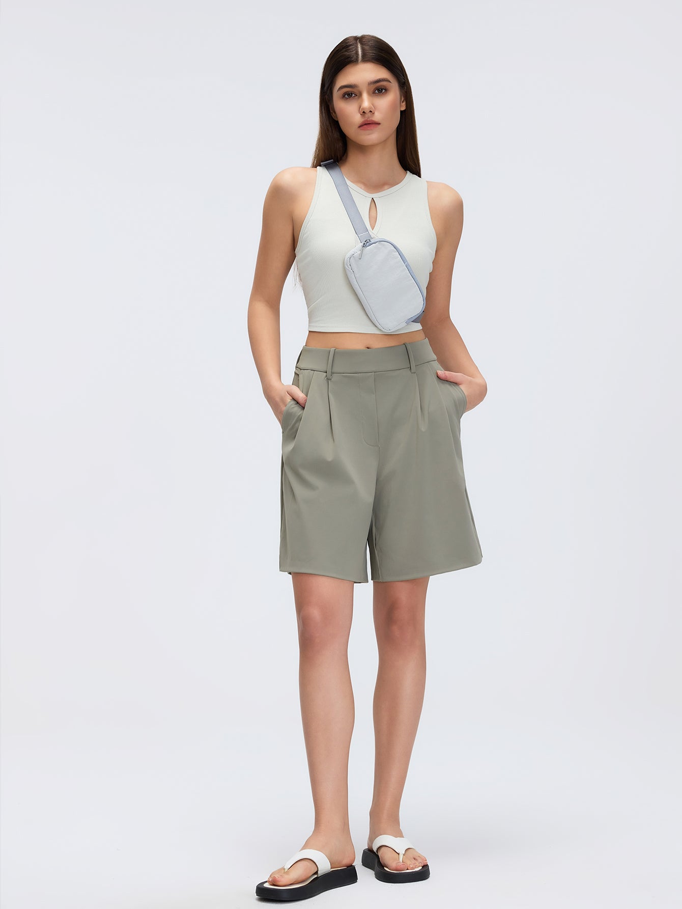 High-Waisted Wide-Band Loose Fit Casual Shorts-Khaki