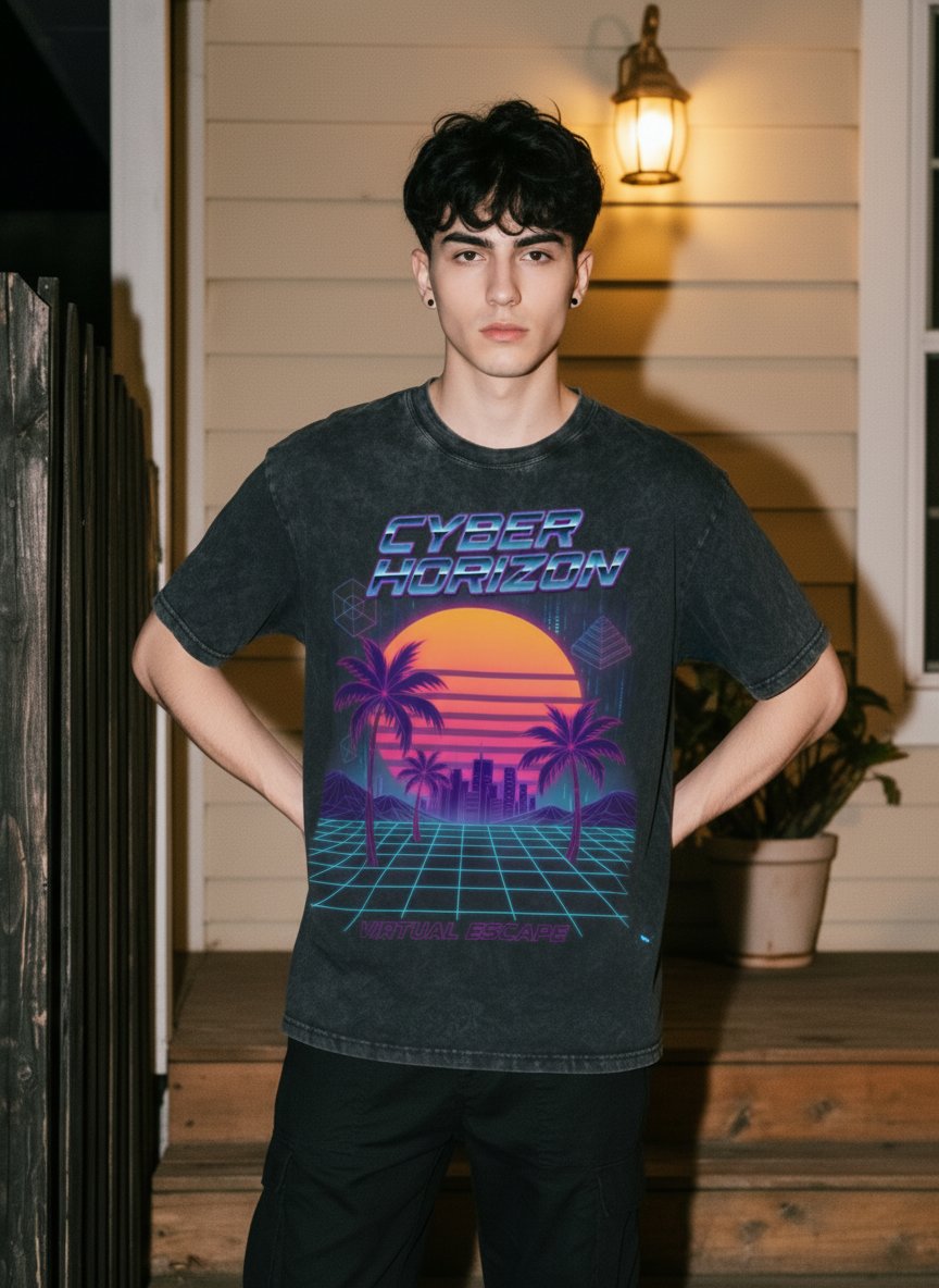 Vintage Washed Retro Synthwave Graphic T-Shirt