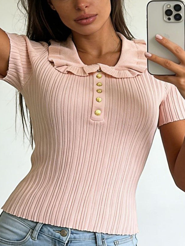 Ribbed Collared Button Front Knit Sweater