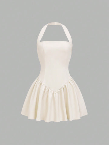 Square Neck Halter Summer Mini Dress-Beige