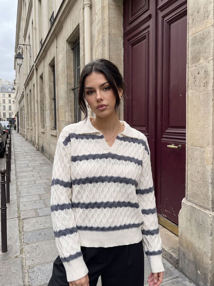 Striped Textured Collared Knit Pullover