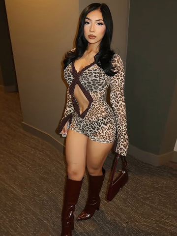 Leopard Print Plunge V Neck Sexy Jumpsuit