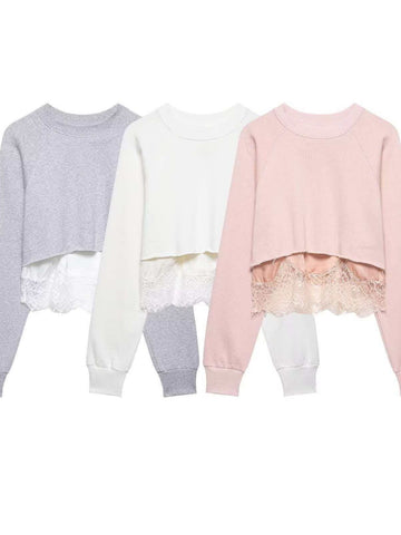 Cropped Lace Trim Sweatshirt