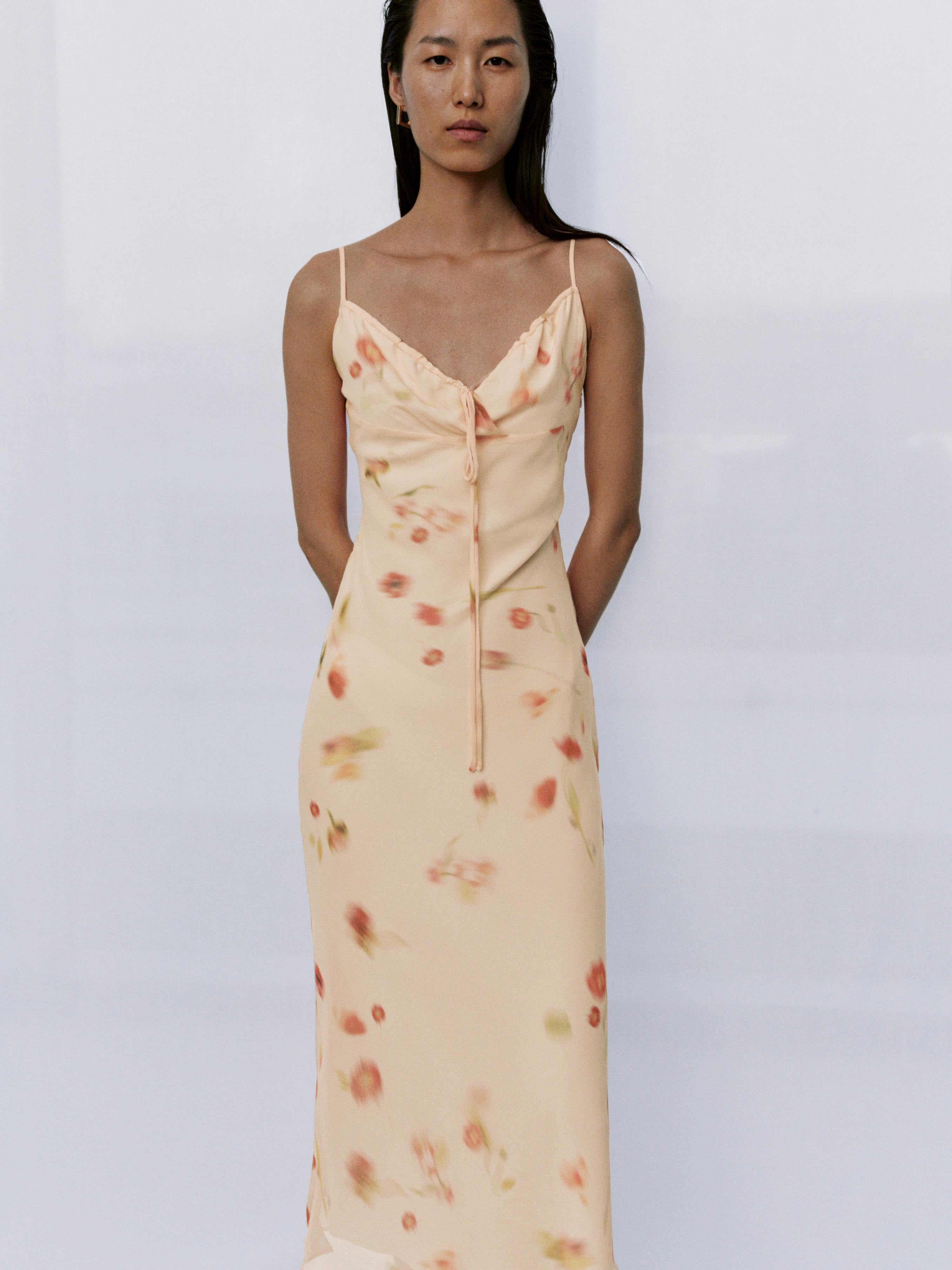 Urban Revivo Floral Printed Strappy Drawstring Skinny-Fit A-Line Midi Dresses