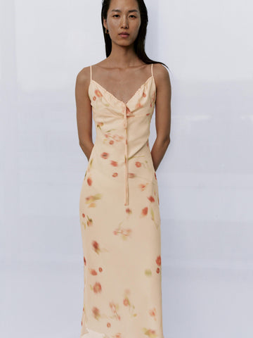 Urban Revivo Floral Printed Strappy Drawstring Skinny-Fit A-Line Midi Dresses