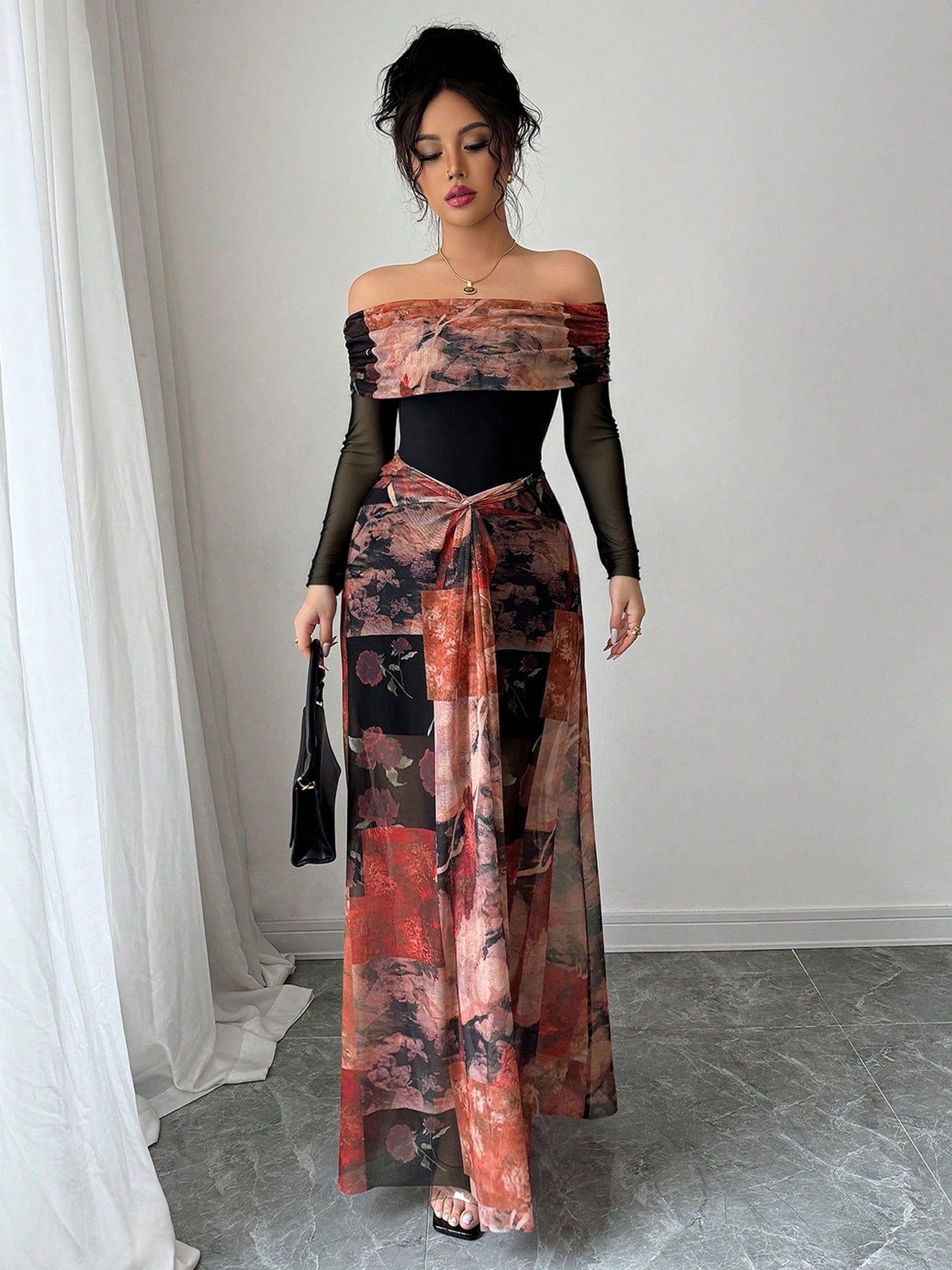 Off-Shoulder Sheer Sleeve Statement Gala Midi Dress-Multicolor