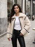 Cozy Faux Leather Trim Fleece Jacket