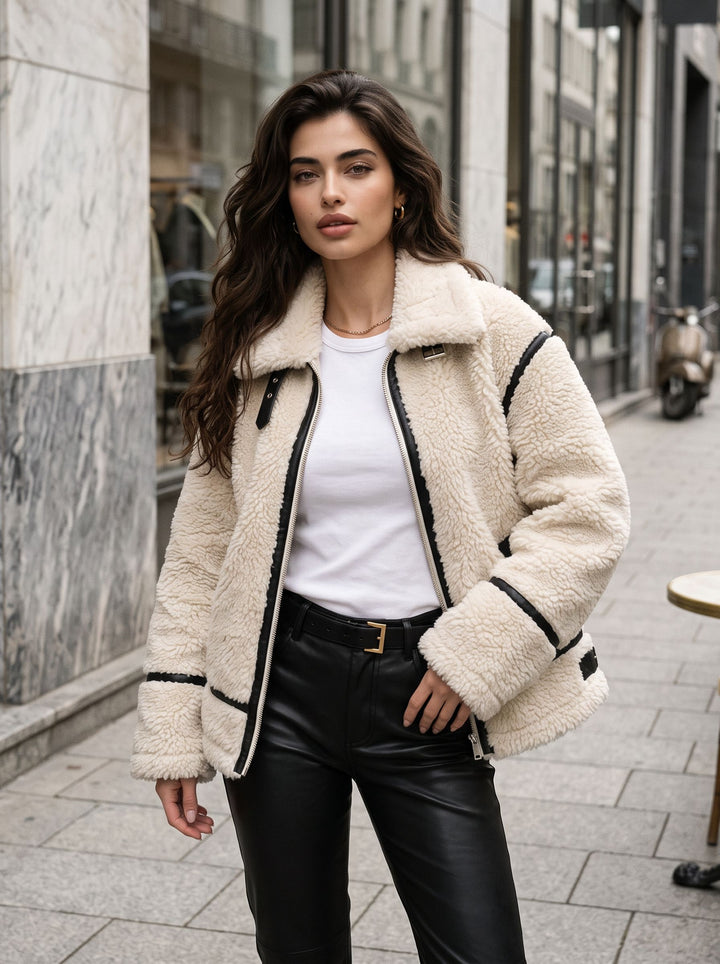 Cozy Faux Leather Trim Fleece Jacket