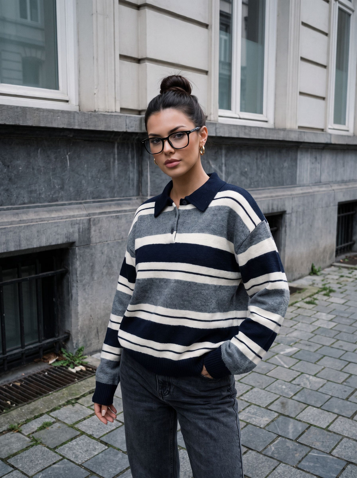 Oversized Striped Polo Collar Sweater