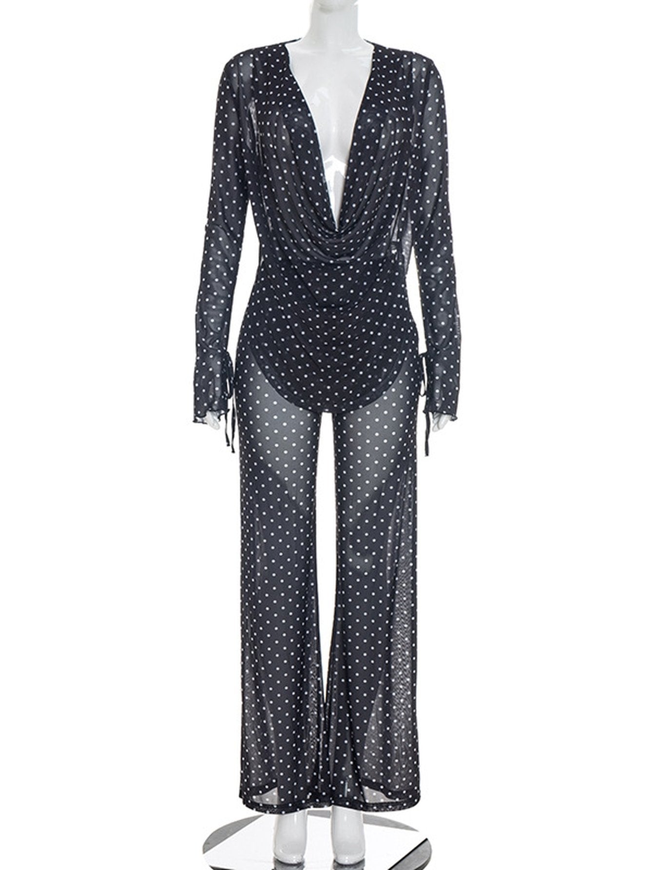 Sheer Polka Dot Cowl Neck Two Piece Set