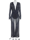 Sheer Polka Dot Cowl Neck Two Piece Set