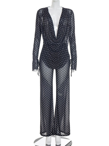 Sheer Polka Dot Cowl Neck Two Piece Set