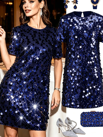 Sparkly Navy Sequin Party Dress