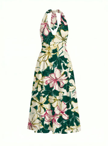 Floral Print Halter Neck Tie Back Midi Dress