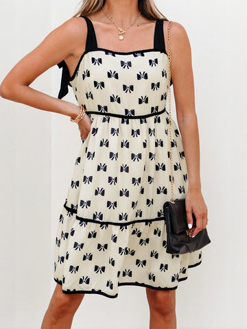 Bow Print Tiered Mini Dress