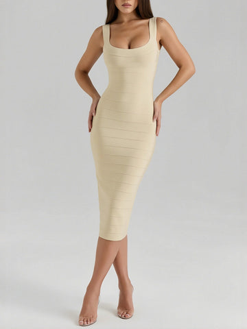 Deep U-Neck Ribbed Elegance Midi Dress