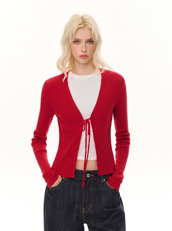 Cropped Tie Front Ribbed Cardigan