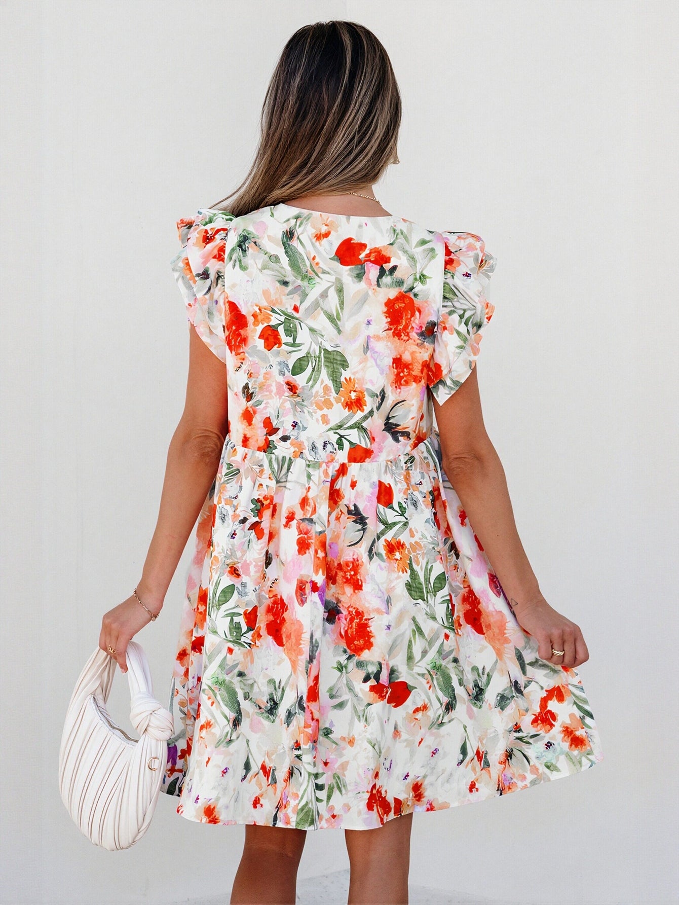 Floral Ruffle Sleeve V Neck Dress