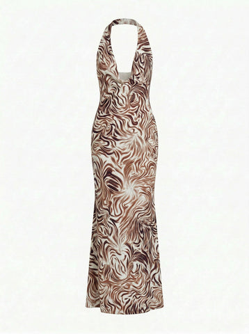 LILA Floral Print Cowl Neck Bodycon Midi Dress