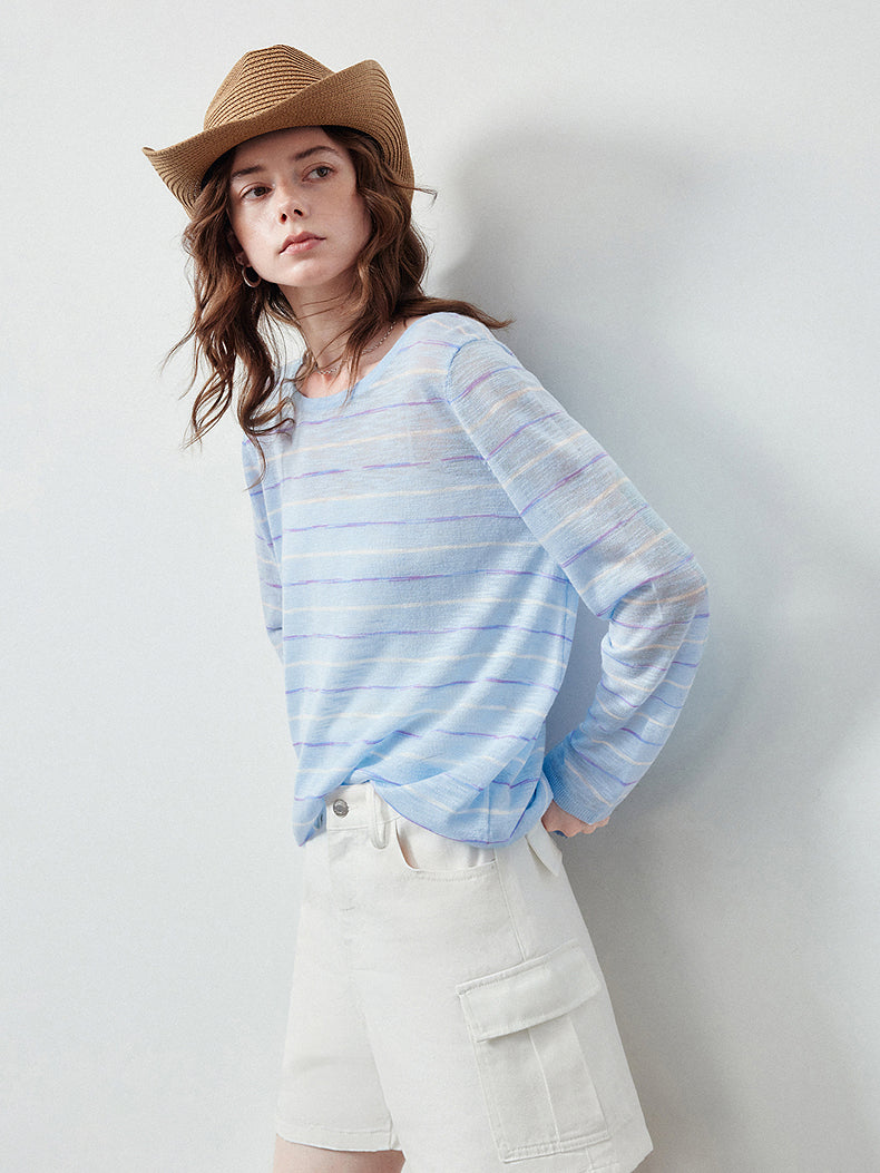 Sheer Lightweight Striped Knit Sweater