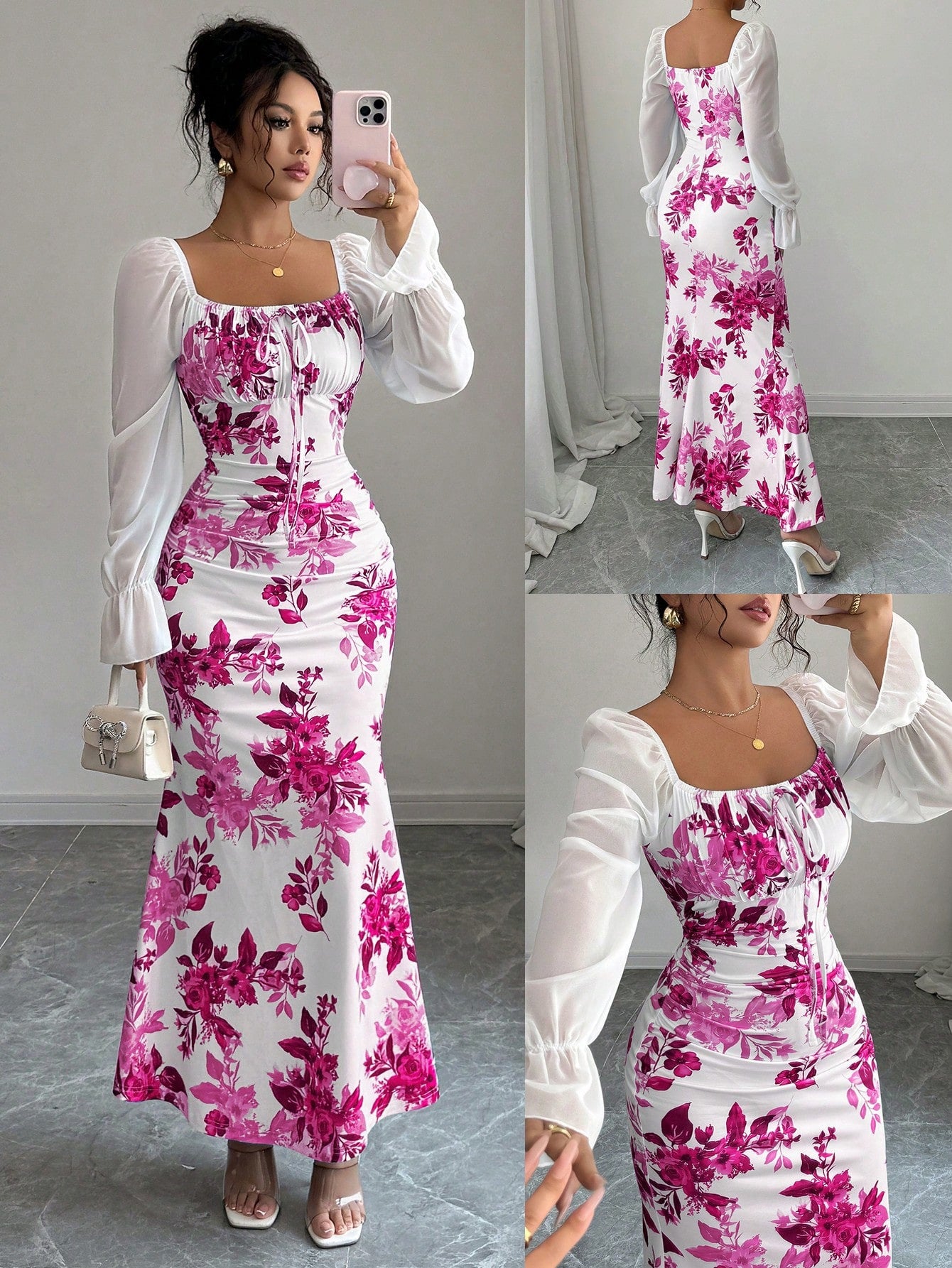Floral Print Sheer Sleeve Maxi Dress