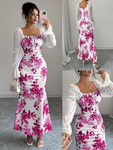 Floral Print Sheer Sleeve Maxi Dress