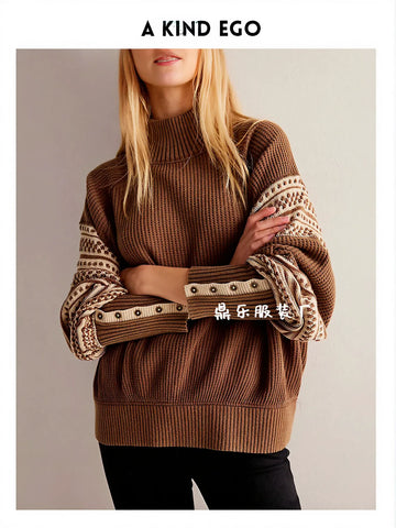 Oversized Button Cuff Thermal Pullover Sweater