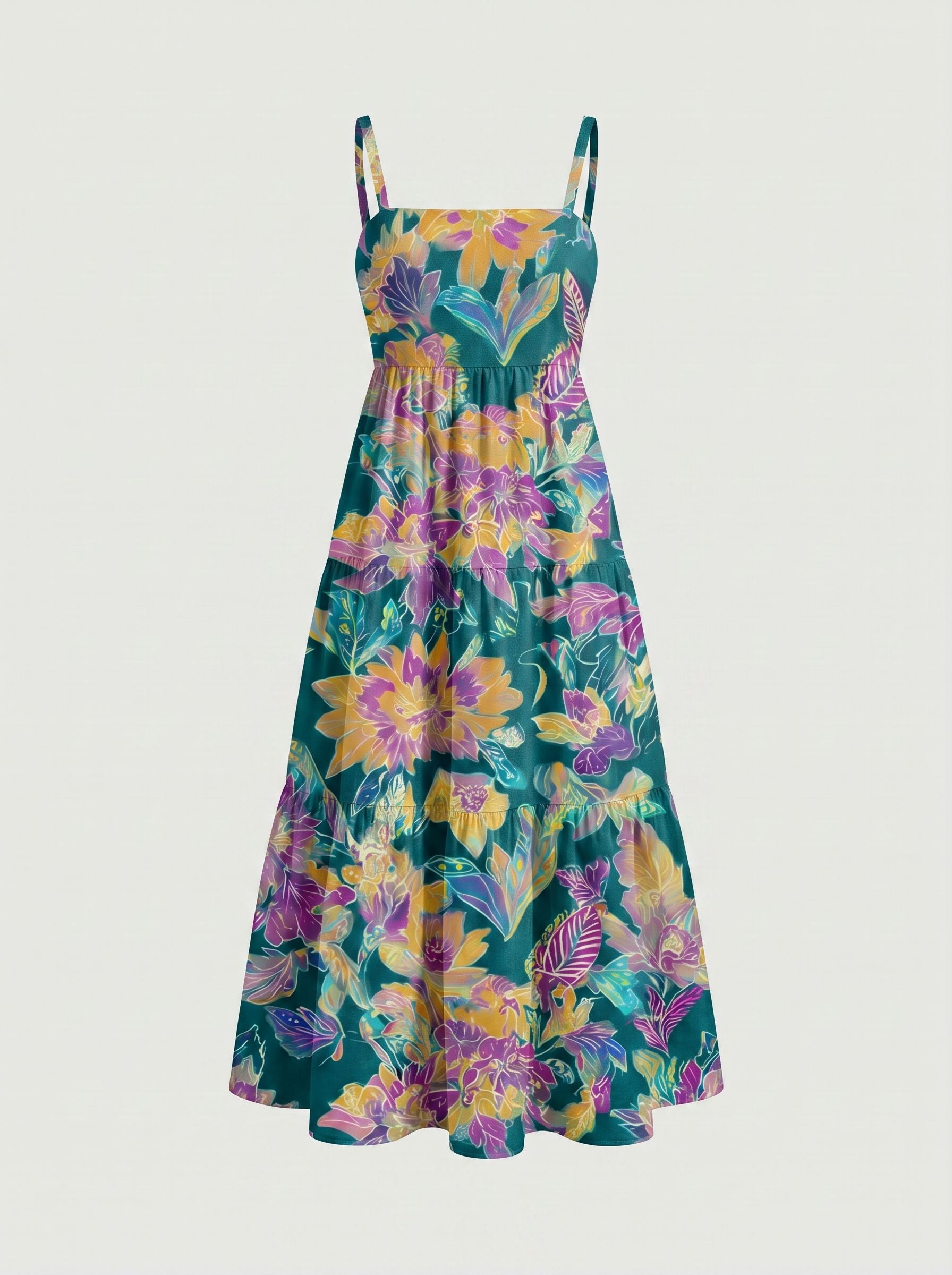 FLORA Floral Print Tiered Strap Midi Dress