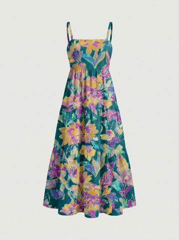 FLORA Floral Print Tiered Strap Midi Dress