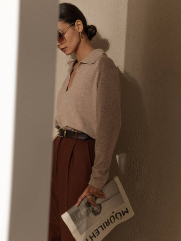 Soft Collared V Neck Knit Sweater