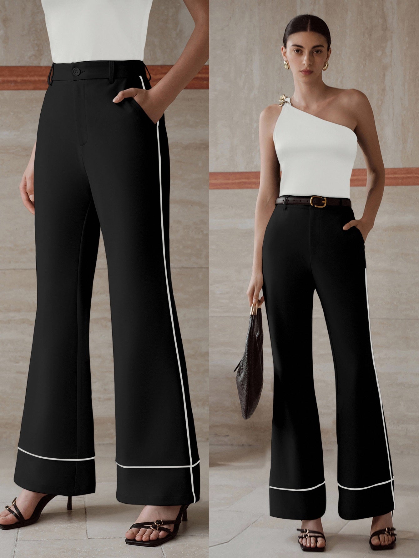 High Waisted Contrast Trim Trousers