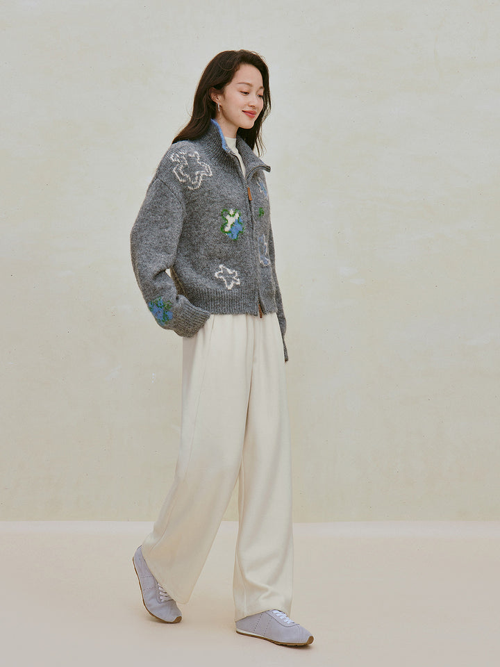 Cozy Floral Wool Zip Cardigan