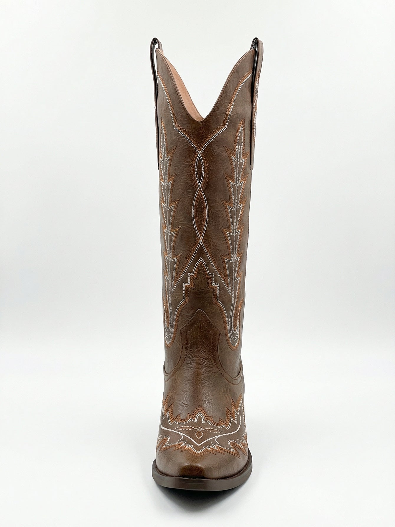 Stitched Pattern Pointed-Toe Low-Heel Classic Cowboy Boots-Brown