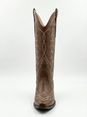 Stitched Pattern Pointed-Toe Low-Heel Classic Cowboy Boots-Brown