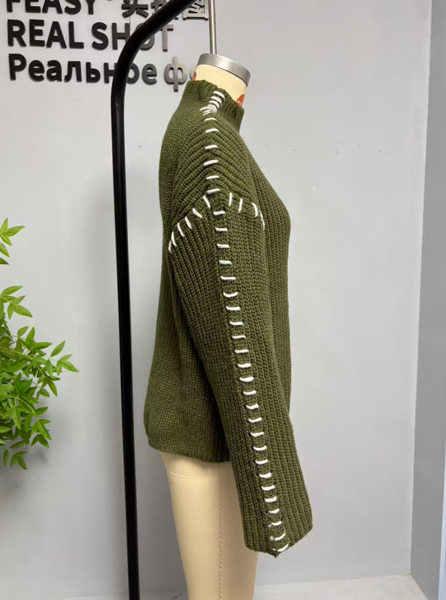 Contrast Stitch Mock Neck Sweater
