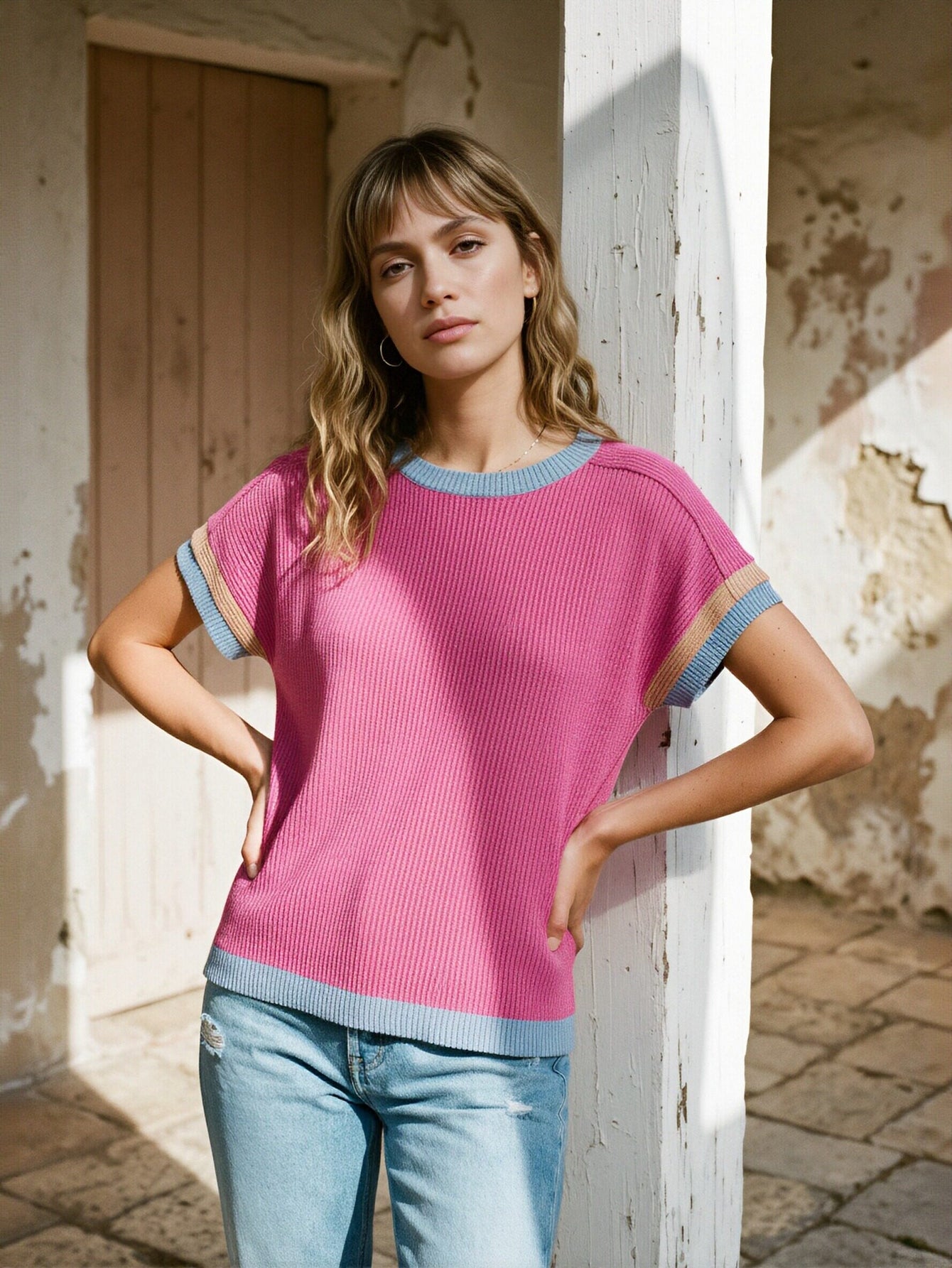 Ribbed Knit Color Block T-Shirt