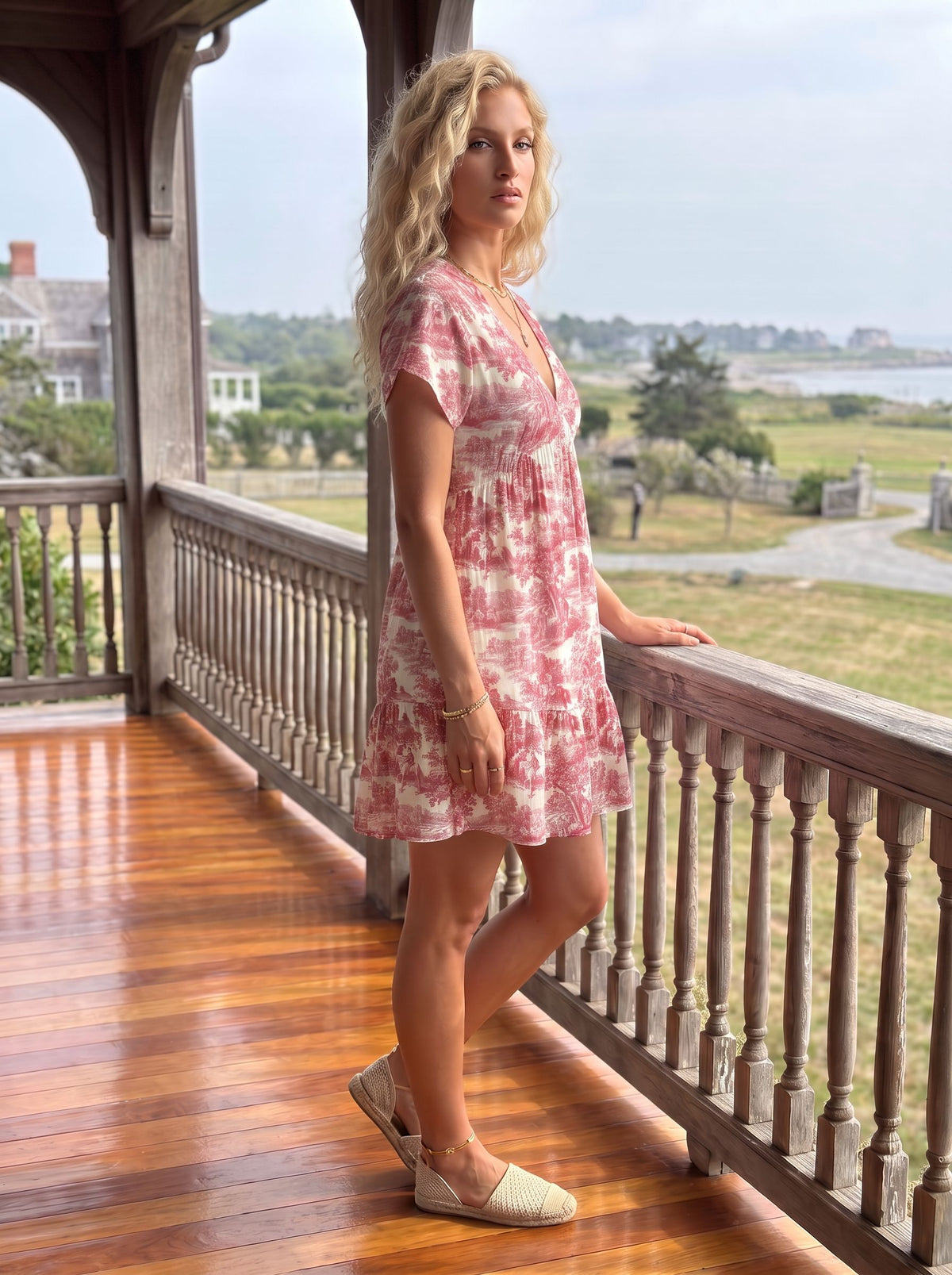 Red Toile Print Mini Dress