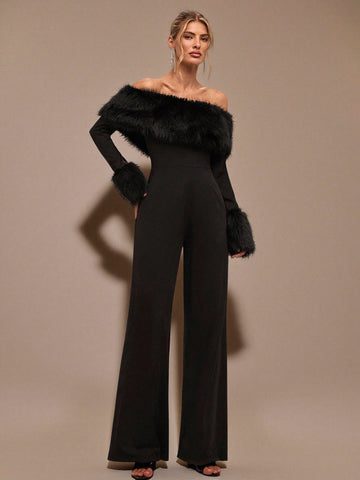 Faux Fur Off Shoulder Jumpsuit