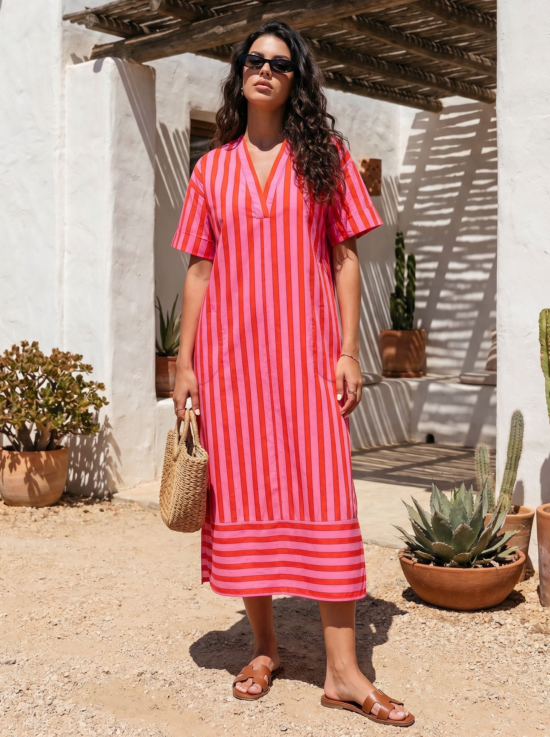 Vibrant Striped V Neck Midi Dress