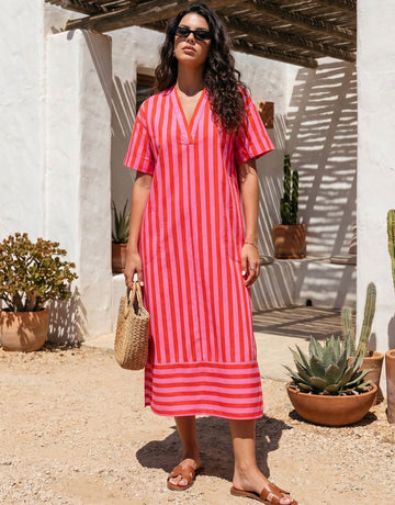 Vibrant Striped V Neck Midi Dress