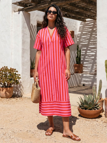 Vibrant Striped V Neck Midi Dress