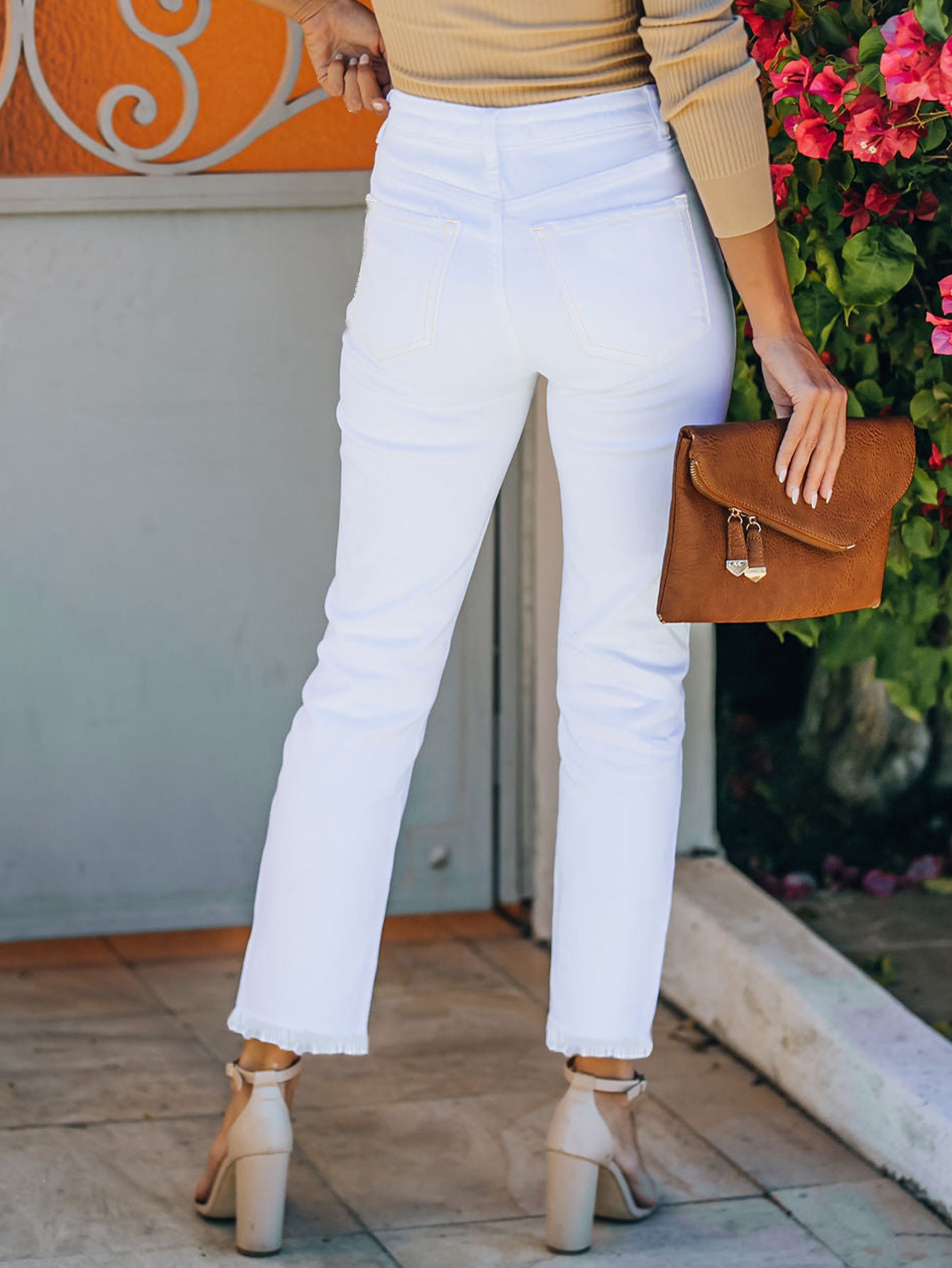 High Waisted Raw Hem White Jeans