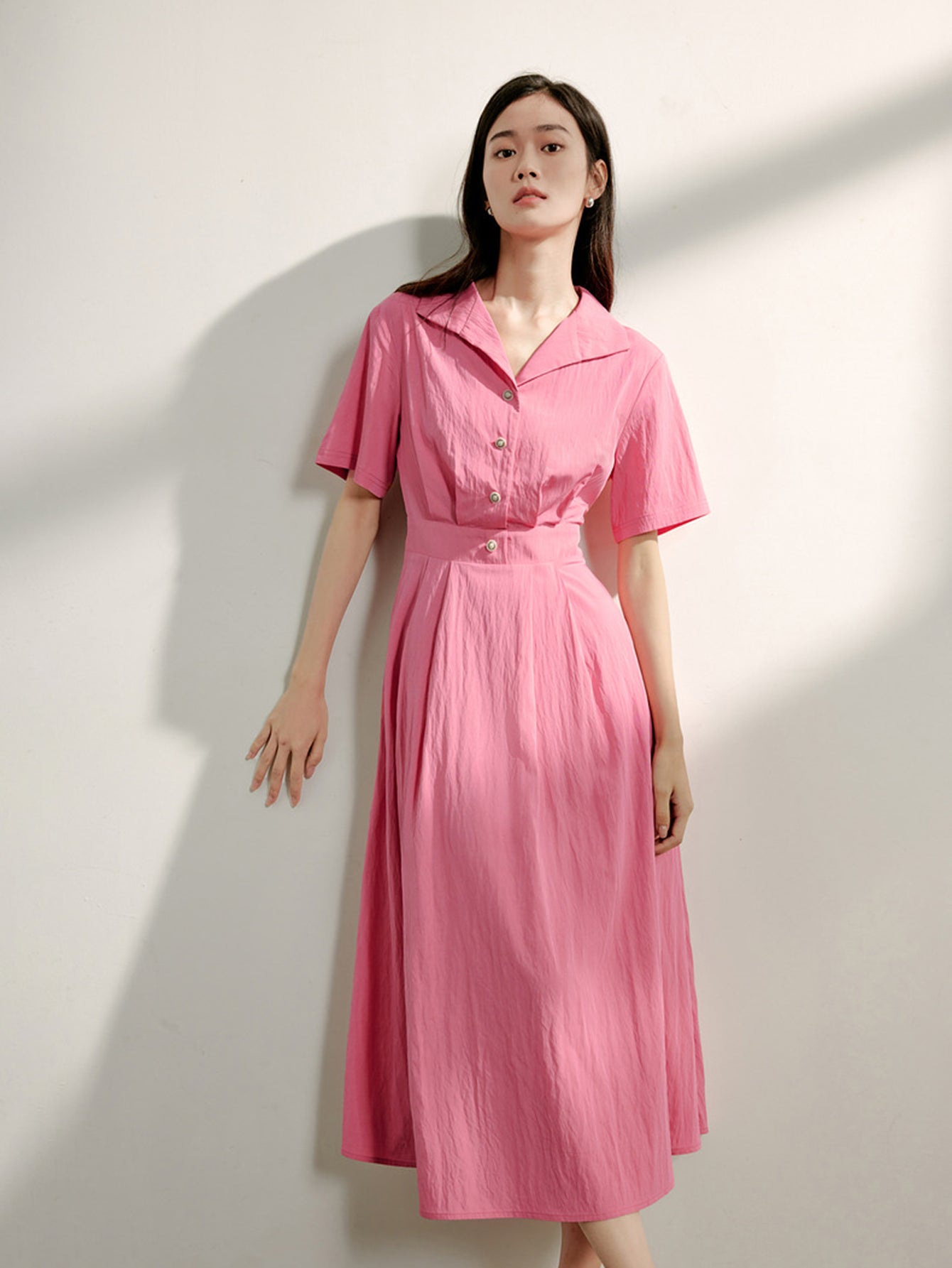 Short Sleeve Pleated Elegant Midi Dress