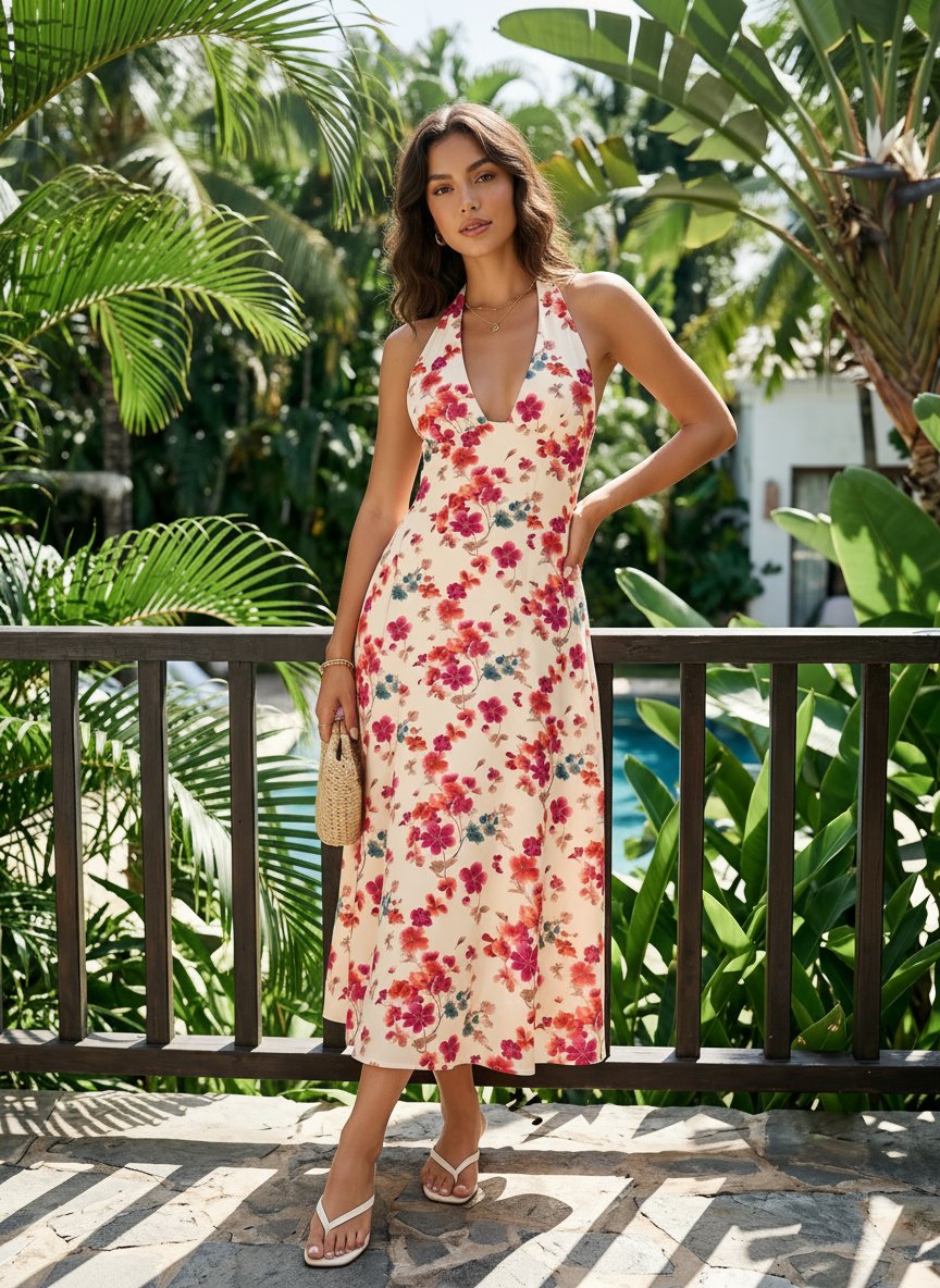 Floral Print Halter Neck Tie Back Midi Dress