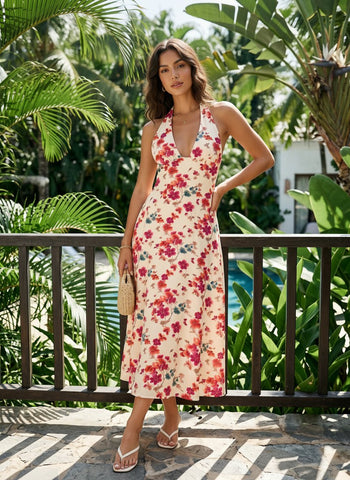 Floral Print Halter Neck Tie Back Midi Dress