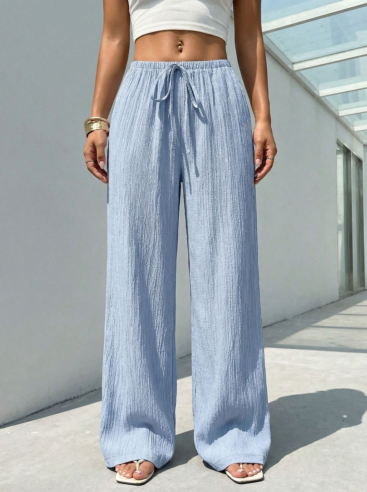 Drawstring Waist Wide-Leg Casual Pants