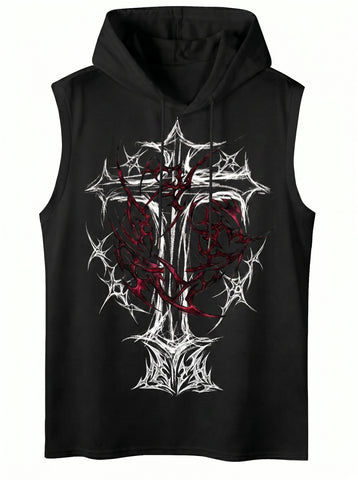 Graphic Print Hooded Sleeveless Tank Top