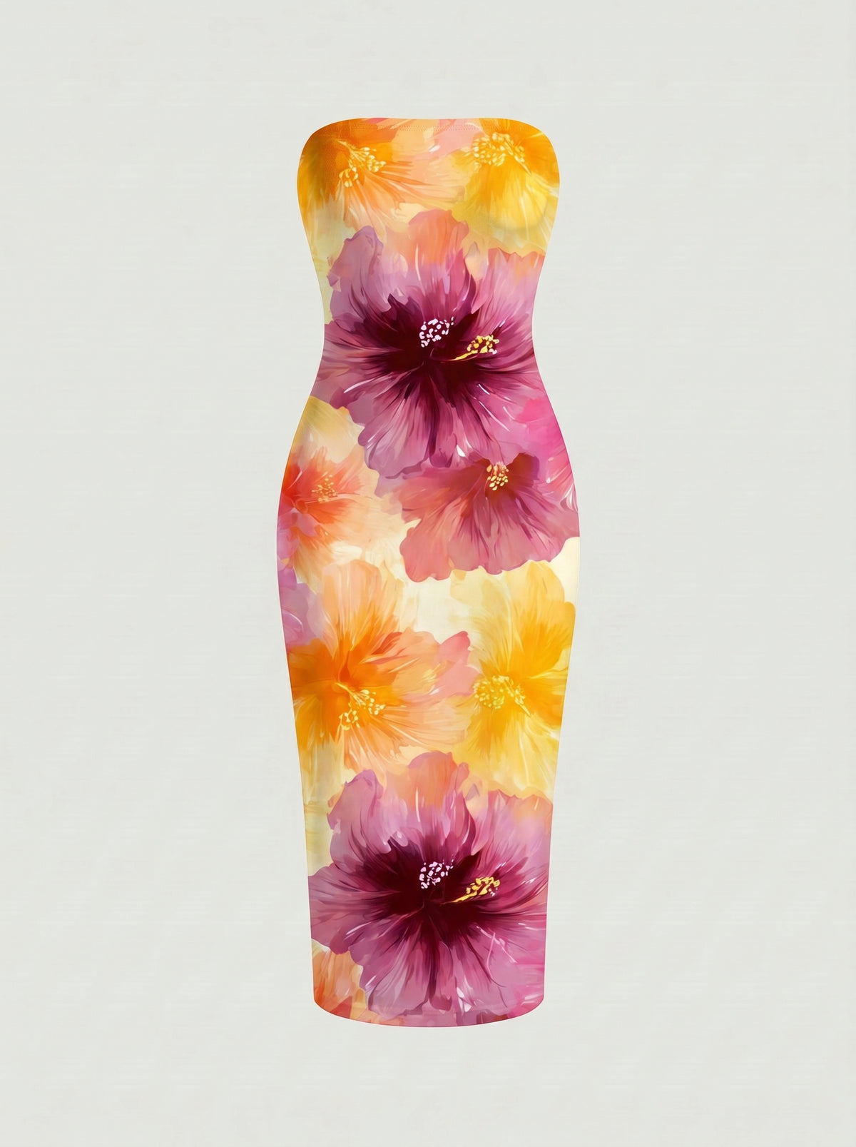 MAIA Tropical Hibiscus Print Strapless Sheath Midi Dress