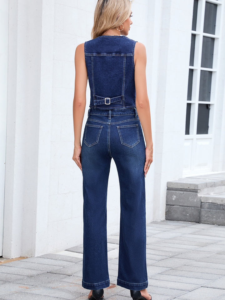 Chic Denim Vest Wide Leg Pant Set